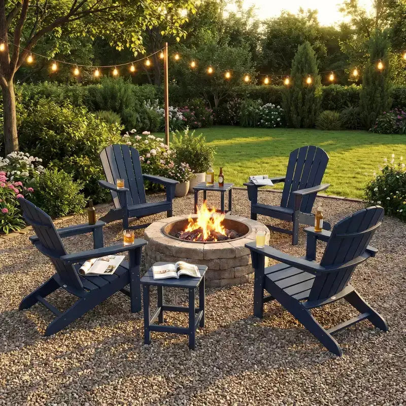 Folding Adirondack Chairs Set of 4 with 2 Side Tables, Modern Outdoor HDPE Chairs for Patio, Deck Balcony Backyard Lawn