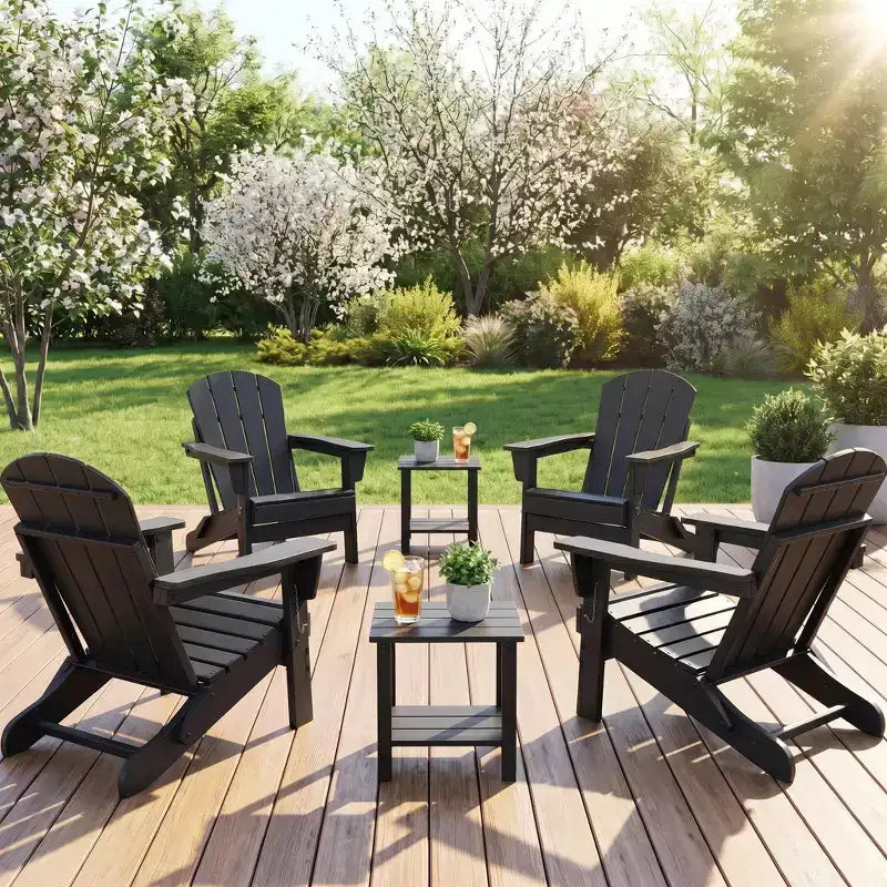 Folding Adirondack Chairs Set of 4 with 2 Side Tables, Modern Outdoor HDPE Chairs for Patio, Deck Balcony Backyard Lawn