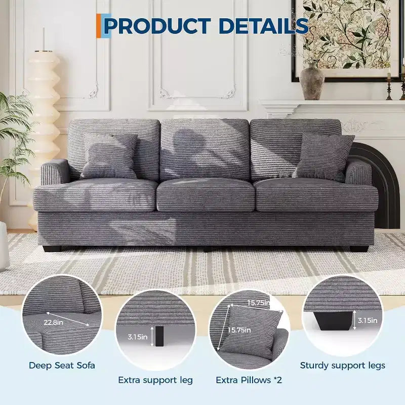 SunnyFurn Divano a Nuvola in Peluche da 218 cm, 3 Posti con Sedute Profonde, 2 Cuscini Rimovibili per Lo Schienale e Cuscini Decorativi per Soggiorno/Camera da Letto/Appartamenti