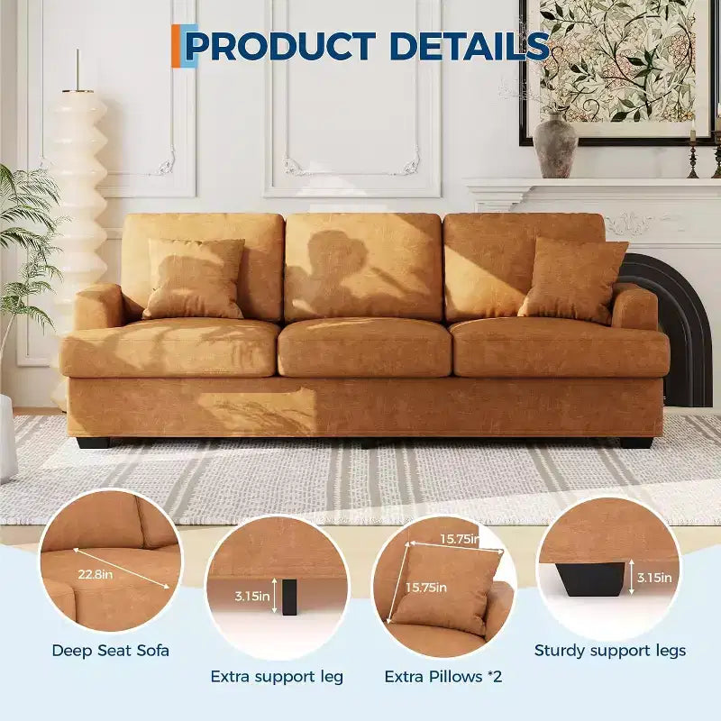 SunnyFurn Divano a Nuvola in Peluche da 218 cm, 3 Posti con Sedute Profonde, 2 Cuscini Rimovibili per Lo Schienale e Cuscini Decorativi per Soggiorno/Camera da Letto/Appartamenti