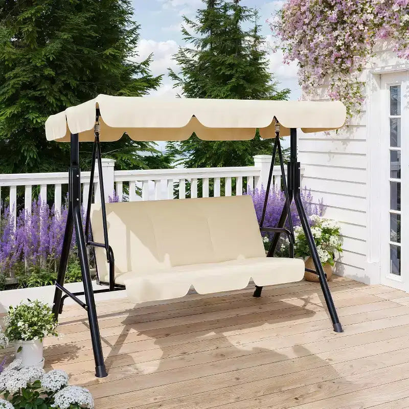 LinTimes Porch Swing with Stand and Adjustable Canopy, 600lb Capacity, Powder-Coated Metal Frame, Water-Resistant Fabric for Patio, Backyard