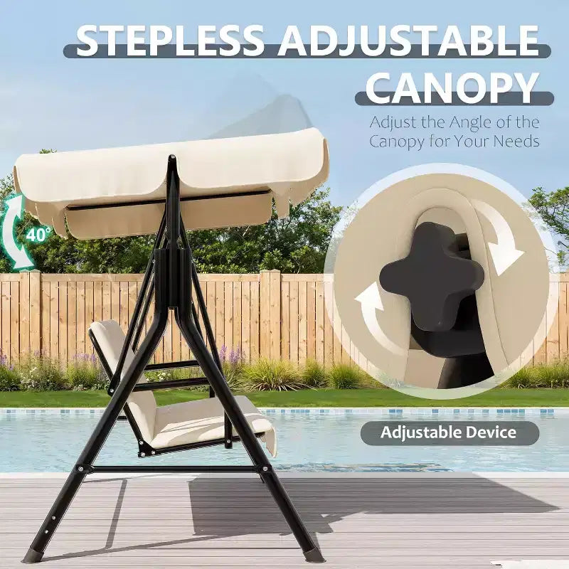 LinTimes Porch Swing with Stand and Adjustable Canopy, 600lb Capacity, Powder-Coated Metal Frame, Water-Resistant Fabric for Patio, Backyard