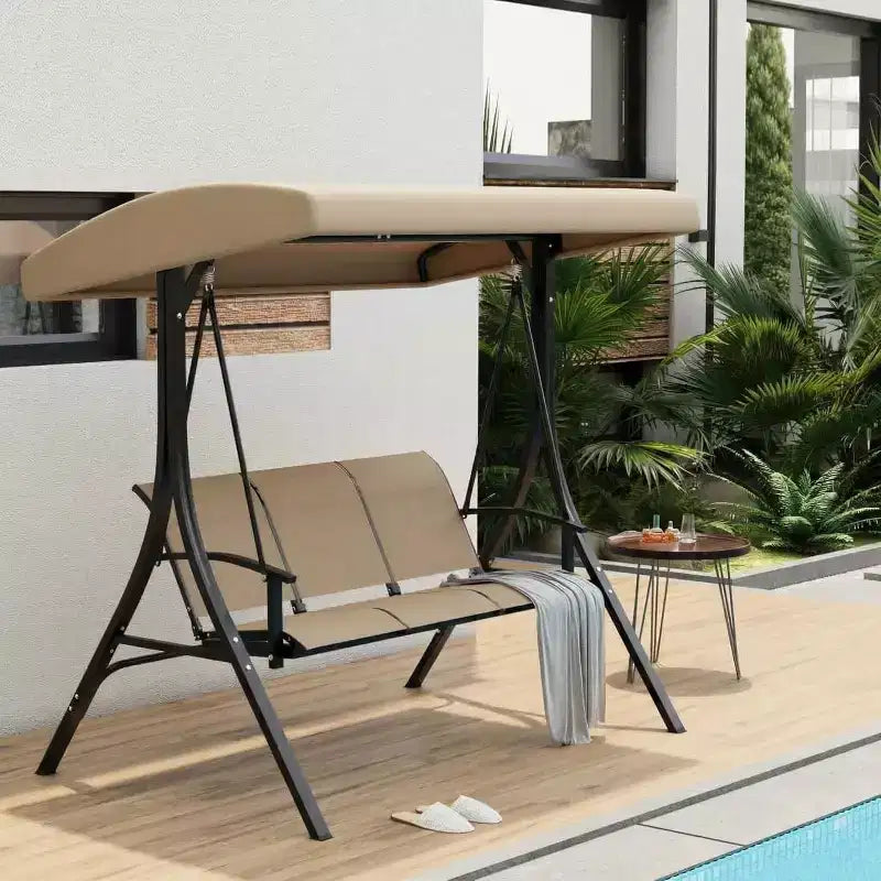 LinTimes Porch Swing with Stand and Adjustable Canopy, 600lb Capacity, Powder-Coated Metal Frame, Water-Resistant Fabric for Patio, Backyard