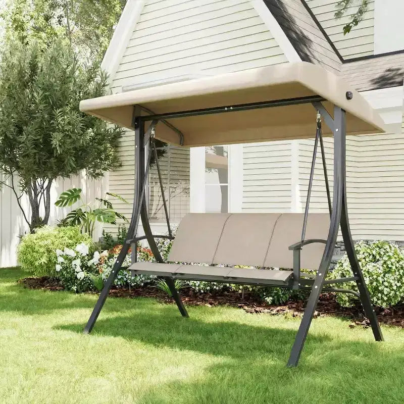 LinTimes Porch Swing with Stand and Adjustable Canopy, 600lb Capacity, Powder-Coated Metal Frame, Water-Resistant Fabric for Patio, Backyard