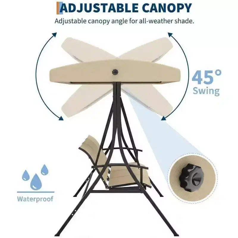 LinTimes Porch Swing with Stand and Adjustable Canopy, 600lb Capacity, Powder-Coated Metal Frame, Water-Resistant Fabric for Patio, Backyard