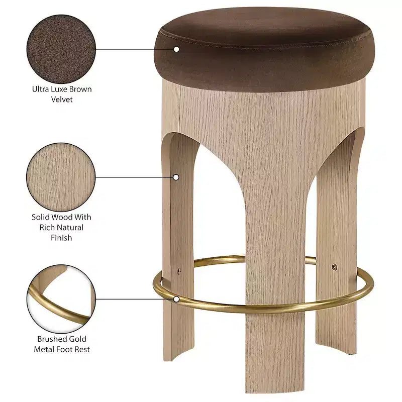 Meridian Furniture Bocceli Natural Finish Velvet Upholstered Counter Stool