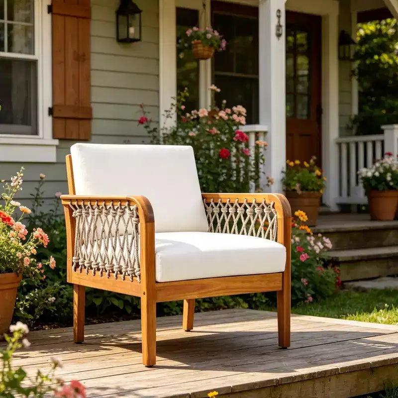ModernLuxe Poltrona da esterni in corda per patio, sedia da club per esterni, sedia da pranzo, poltrona singola, poltrona con cuscino morbido e telaio resistente alle intemperie