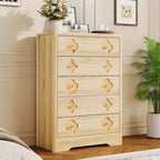 Cassettiera boho in rattan, cassettiera alta in legno a 5 cassetti per camera da letto, armadio, cameretta, soggiorno, finitura naturale