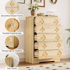 Cassettiera boho in rattan, cassettiera alta in legno a 5 cassetti per camera da letto, armadio, cameretta, soggiorno, finitura naturale