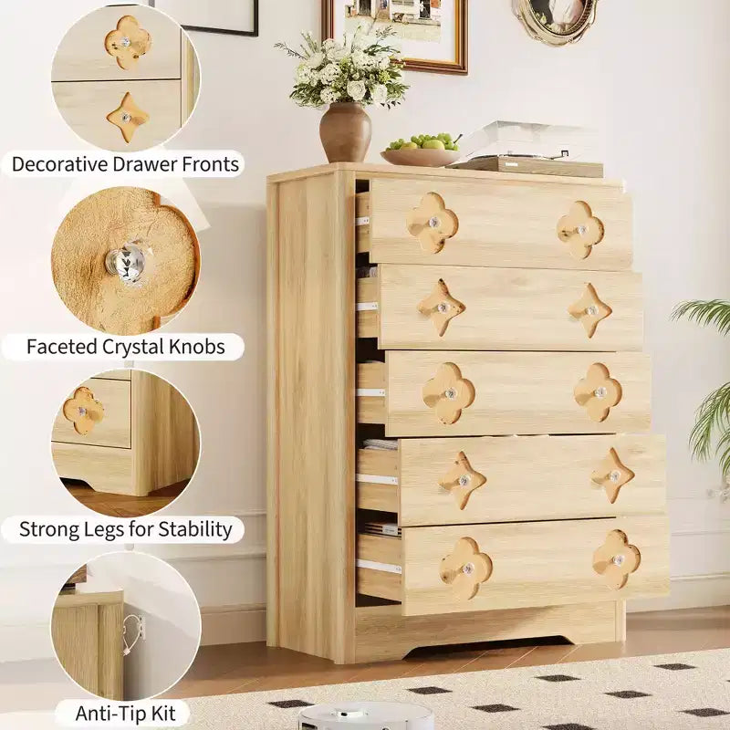 Cassettiera boho in rattan, cassettiera alta in legno a 5 cassetti per camera da letto, armadio, cameretta, soggiorno, finitura naturale