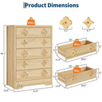 Cassettiera boho in rattan, cassettiera alta in legno a 5 cassetti per camera da letto, armadio, cameretta, soggiorno, finitura naturale