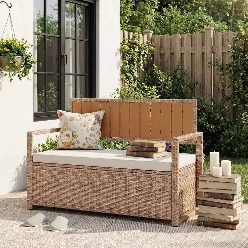 Outdoor Storage Bench with Cushion - 2-Person All-Weather PE Rattan Patio Loveseat - Waterproof Wicker Deck Box with Backrest & Armrests