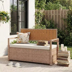 Outdoor Storage Bench with Cushion - 2-Person All-Weather PE Rattan Patio Loveseat - Waterproof Wicker Deck Box with Backrest & Armrests