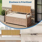 Outdoor Storage Bench with Cushion - 2-Person All-Weather PE Rattan Patio Loveseat - Waterproof Wicker Deck Box with Backrest & Armrests