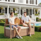 Outdoor Storage Bench with Cushion - 2-Person All-Weather PE Rattan Patio Loveseat - Waterproof Wicker Deck Box with Backrest & Armrests