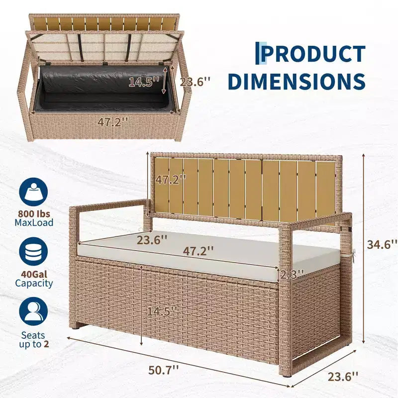 Outdoor Storage Bench with Cushion - 2-Person All-Weather PE Rattan Patio Loveseat - Waterproof Wicker Deck Box with Backrest & Armrests