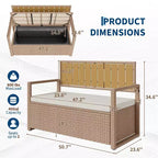 Outdoor Storage Bench with Cushion - 2-Person All-Weather PE Rattan Patio Loveseat - Waterproof Wicker Deck Box with Backrest & Armrests