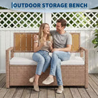 Outdoor Storage Bench with Cushion - 2-Person All-Weather PE Rattan Patio Loveseat - Waterproof Wicker Deck Box with Backrest & Armrests