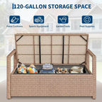 Outdoor Storage Bench with Cushion - 2-Person All-Weather PE Rattan Patio Loveseat - Waterproof Wicker Deck Box with Backrest & Armrests
