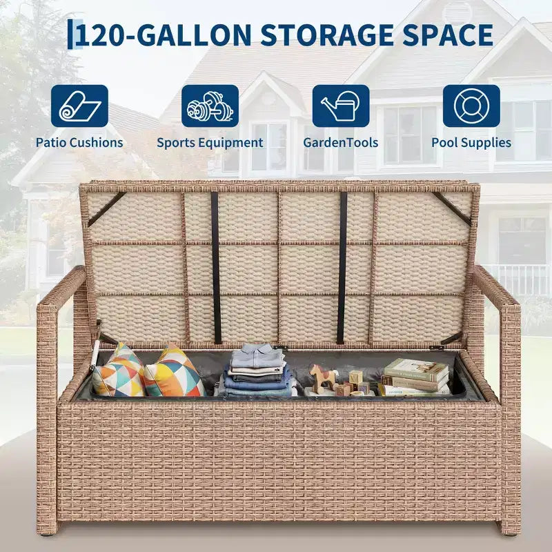 Outdoor Storage Bench with Cushion - 2-Person All-Weather PE Rattan Patio Loveseat - Waterproof Wicker Deck Box with Backrest & Armrests
