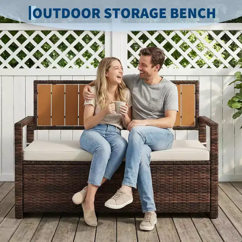 Outdoor Storage Bench with Cushion - 2-Person All-Weather PE Rattan Patio Loveseat - Waterproof Wicker Deck Box with Backrest & Armrests