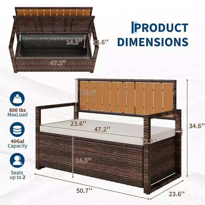 Outdoor Storage Bench with Cushion - 2-Person All-Weather PE Rattan Patio Loveseat - Waterproof Wicker Deck Box with Backrest & Armrests