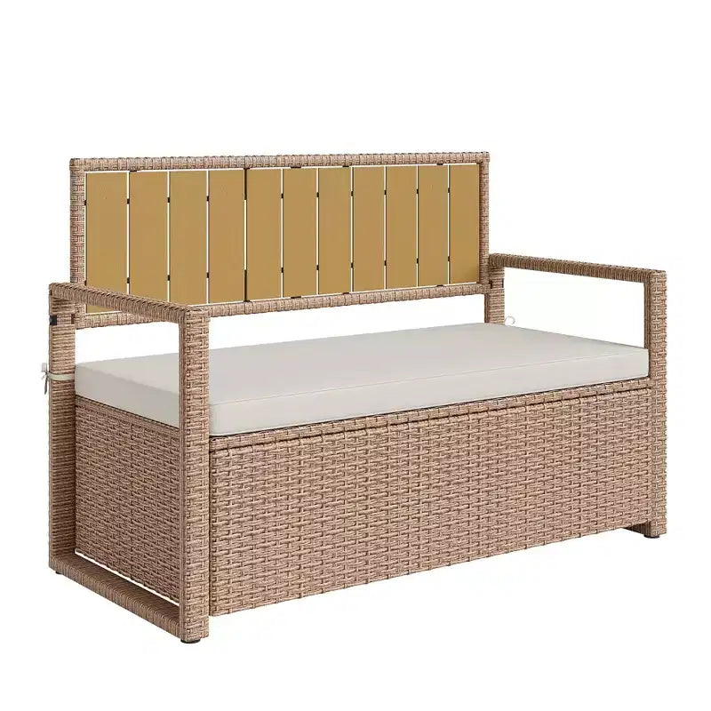 Panca Contenitore da Esterno con Cuscino - Divanetto da Patio 2 Posti in Rattan PE per Tutte le Stagioni - Baule Contenitore in Vimini Impermeabile con Schienale e Braccioli