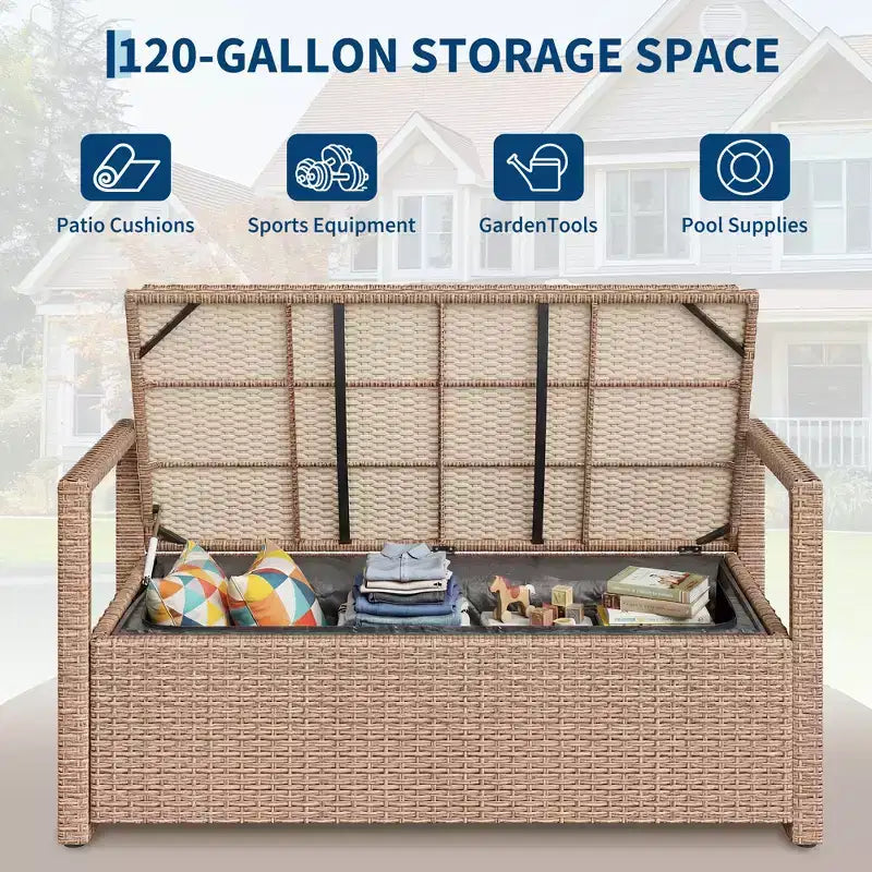 Outdoor Storage Bench with Cushion, PE Rattan Storage Box with Backrest & Armrests, Weatherproof Bench for Patio, Backyard