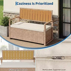 Outdoor Storage Bench with Cushion, PE Rattan Storage Box with Backrest & Armrests, Weatherproof Bench for Patio, Backyard