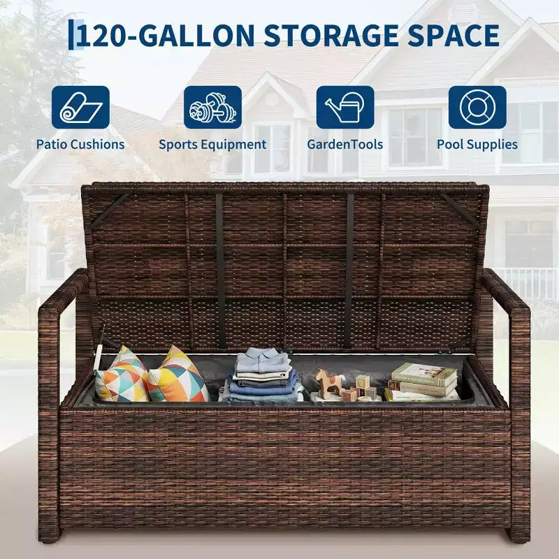 Outdoor Storage Bench with Cushion, PE Rattan Storage Box with Backrest & Armrests, Weatherproof Bench for Patio, Backyard