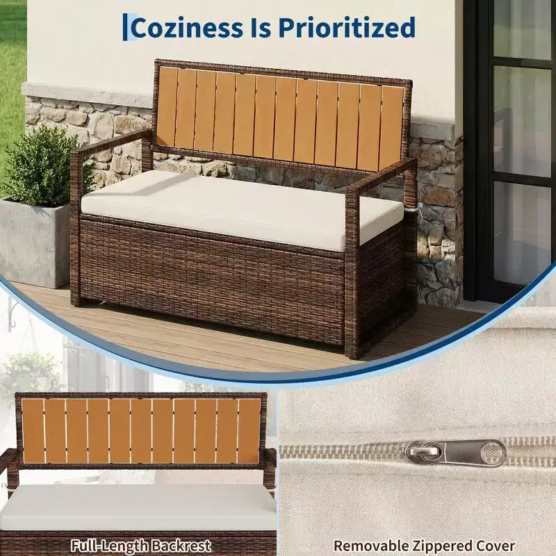 Outdoor Storage Bench with Cushion, PE Rattan Storage Box with Backrest & Armrests, Weatherproof Bench for Patio, Backyard