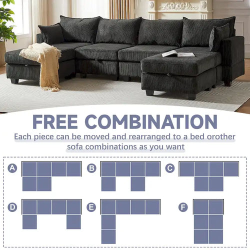 Divano Sezionale Modulare Convertibile in Corduroy a 6 Pezzi con Sedute Contenitore, 2 Pouf Rimovibili, Combinazione Libera