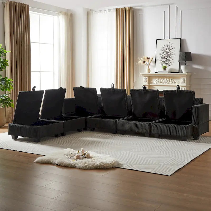 6-Piece Convertible Corduroy Modular Sectional Sofa with Storage Seats, 2 Removable Ottomans, Free Combination