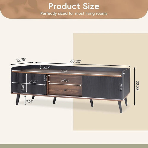 63 Inch Mid Century Modern TV Cabinet Dark Brown Black