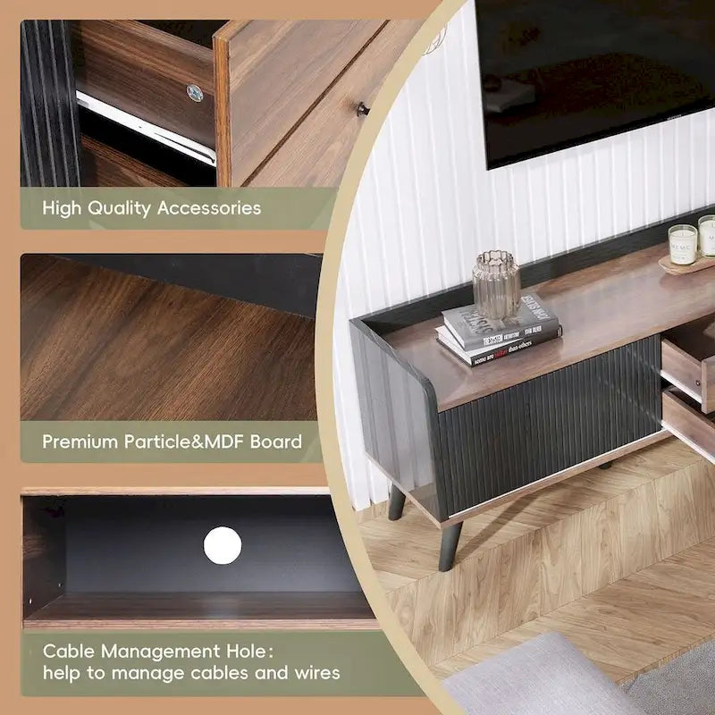 63 Inch Mid Century Modern TV Cabinet Dark Brown Black