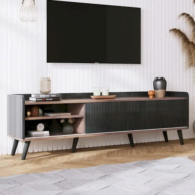 63 Inch Mid Century Modern TV Cabinet Dark Brown Black