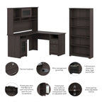 Cabot 60W L-Desk with Hutch and 5 Shelf Bookcase by Bush Furniture