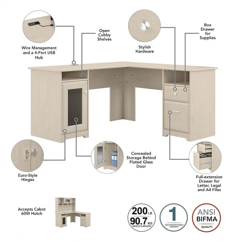 Cabot 60W L-Desk with Hutch and 5 Shelf Bookcase by Bush Furniture