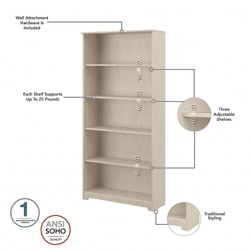 Cabot 60W L-Desk with Hutch and 5 Shelf Bookcase by Bush Furniture