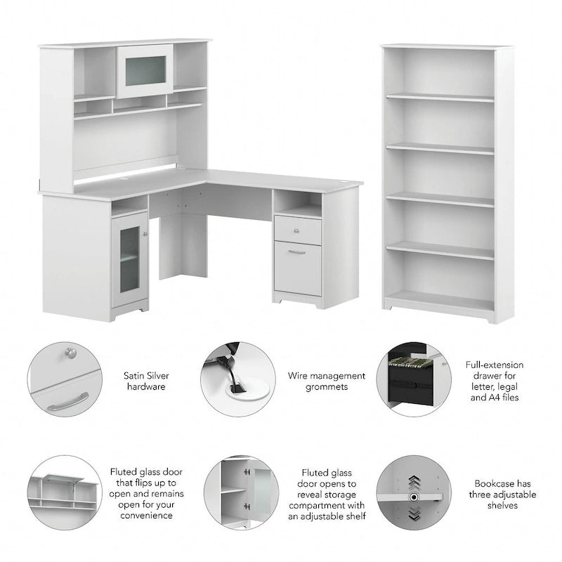 Cabot 60W L-Desk with Hutch and 5 Shelf Bookcase by Bush Furniture