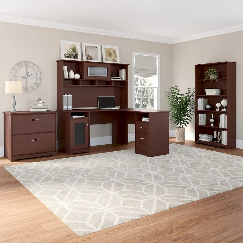 Scrivania a L Cabot da 60W con pensile, armadietto e libreria di Bush Furniture