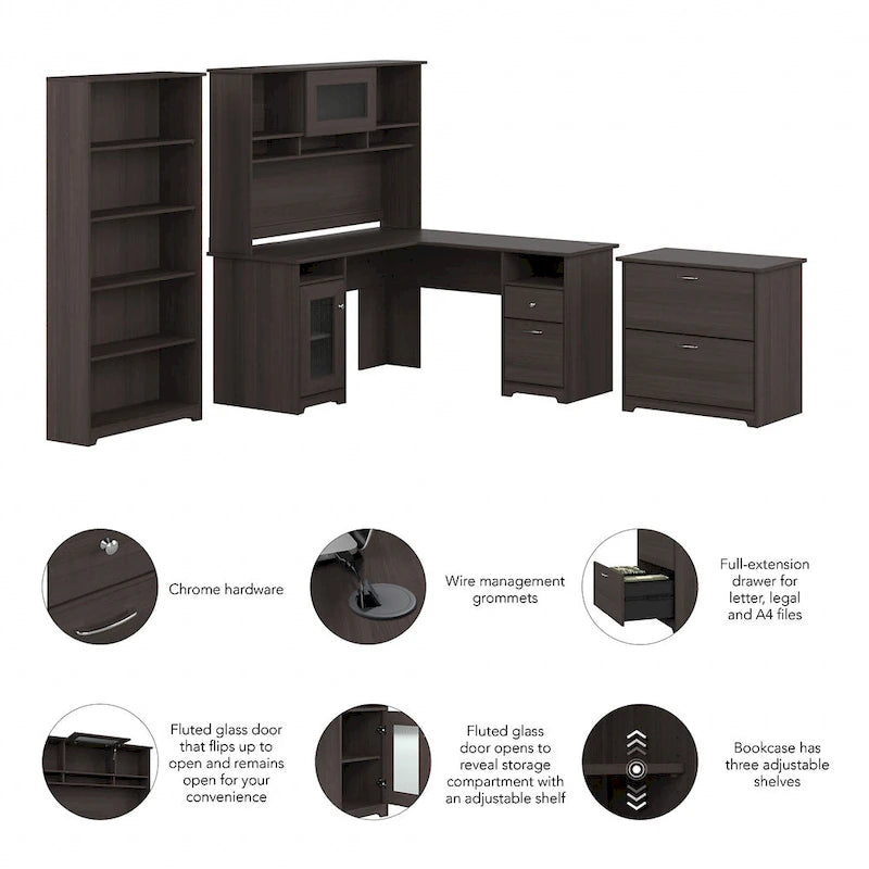 Cabot 60W L-Desk with Hutch, Cabinet and Bookcase by Bush Furniture