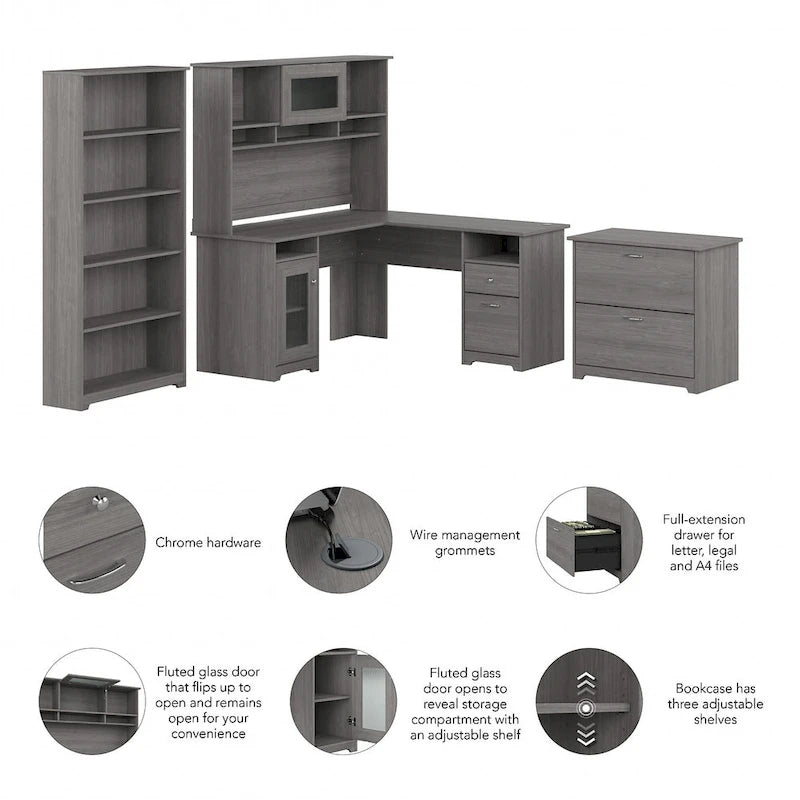 Cabot 60W L-Desk with Hutch, Cabinet and Bookcase by Bush Furniture