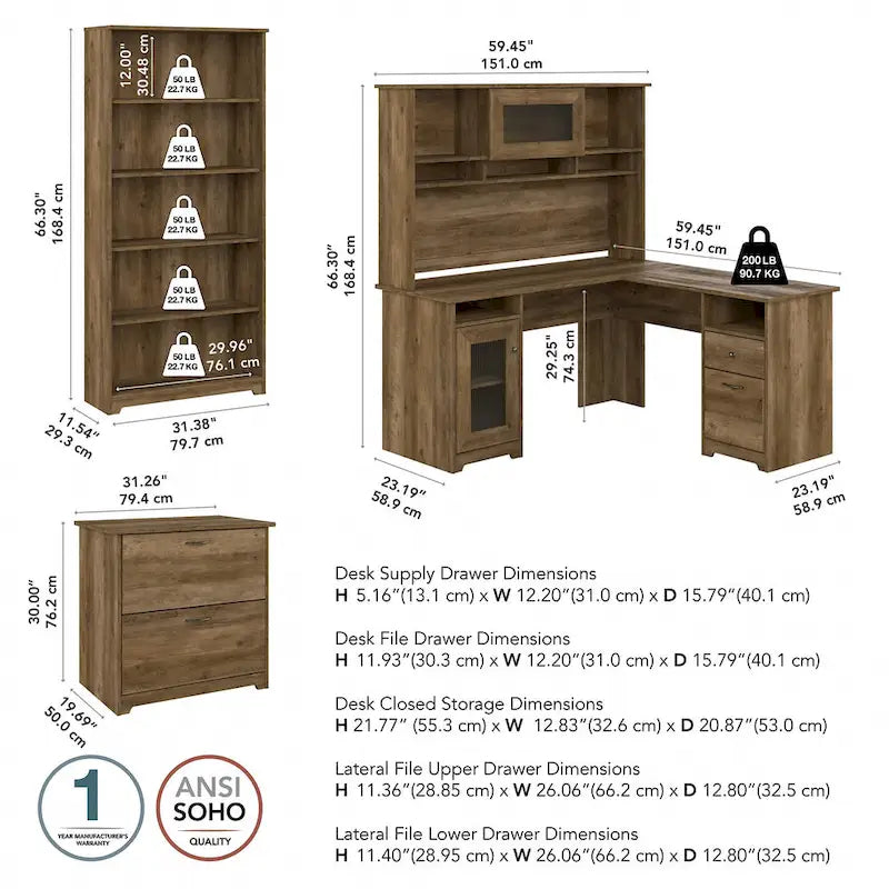 Cabot 60W L-Desk with Hutch, Cabinet and Bookcase by Bush Furniture