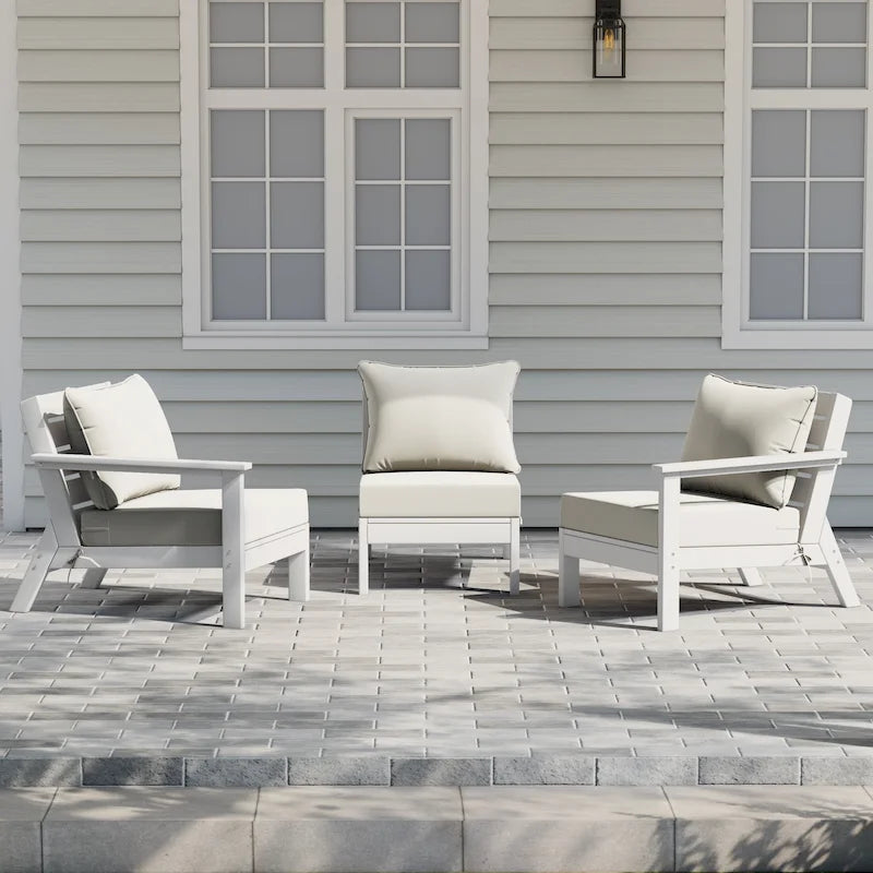 Polytrends Birchwood All Weather HDPE Outdoor Patio Deep Seating White Sofa With Cushions (3-Piece)