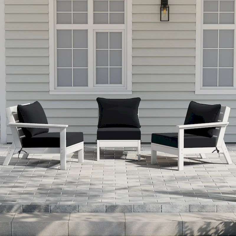 Polytrends Birchwood Divano da esterno con cuscini per patio, in HDPE per tutte le stagioni, bianco (3 pezzi)