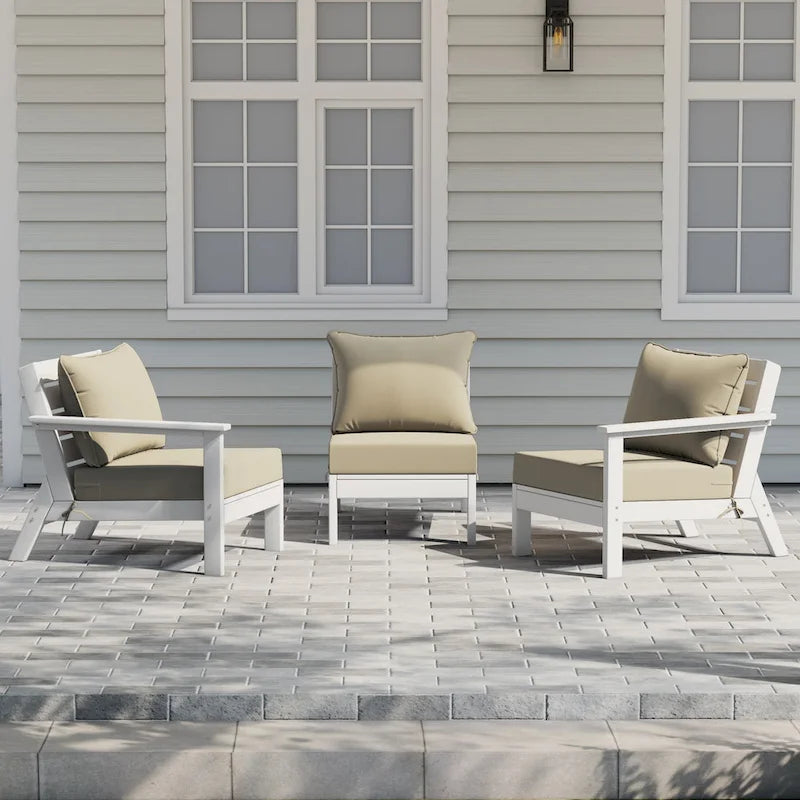 Polytrends Birchwood All Weather HDPE Outdoor Patio Deep Seating White Sofa With Cushions (3-Piece)
