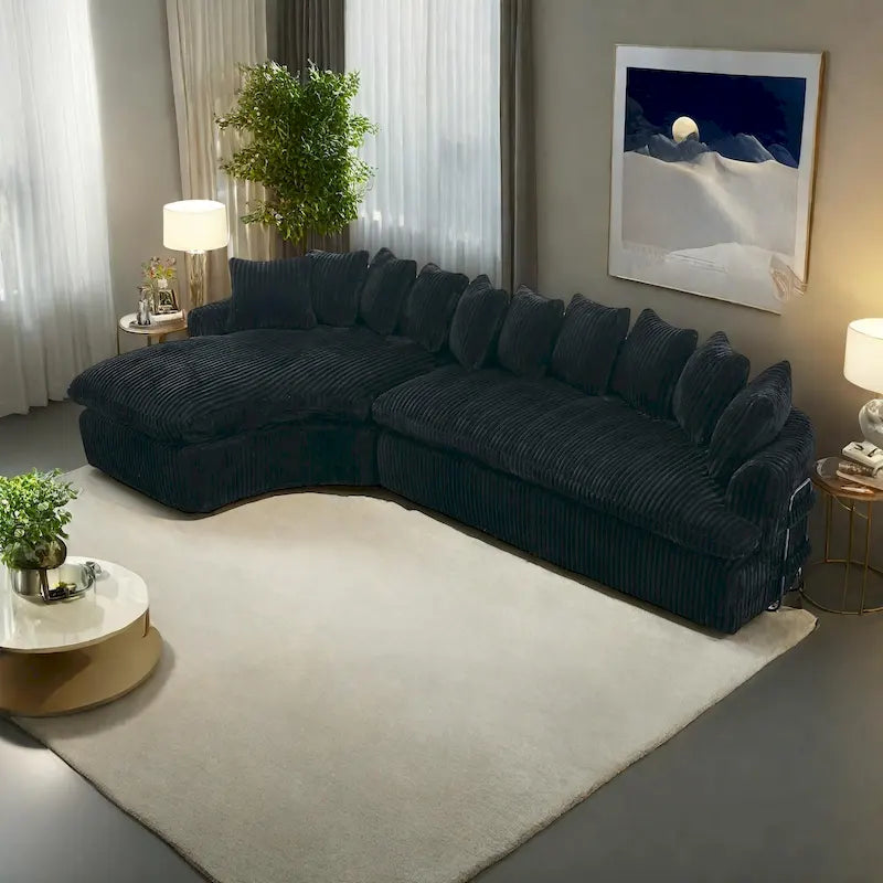 127 Large Corduroy Upholstered L-Shape Modular Sectional Sofa with 10 Pillows, High-Resilience Foam, No Assembly Required