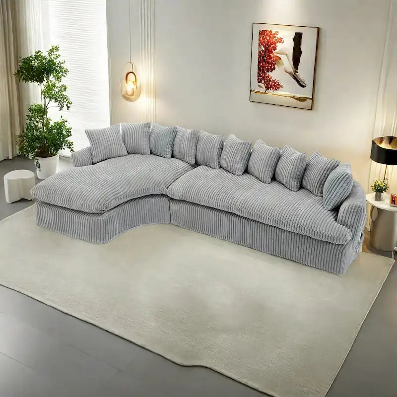 127 Large Corduroy Upholstered L-Shape Modular Sectional Sofa with 10 Pillows, High-Resilience Foam, No Assembly Required