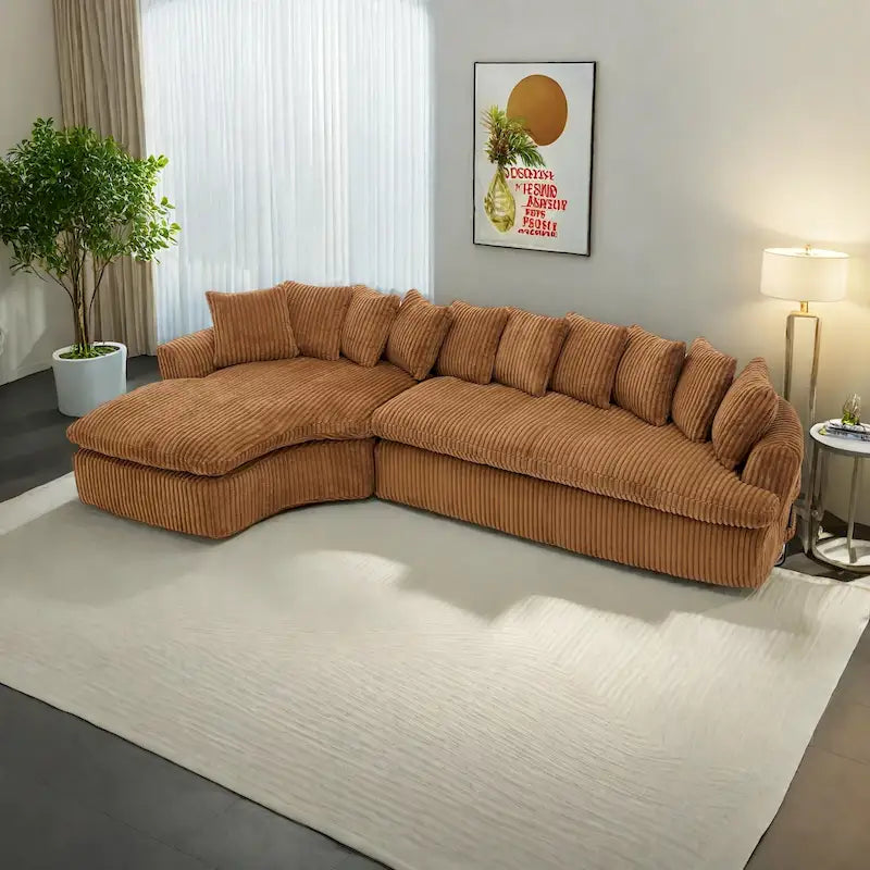 127 Large Corduroy Upholstered L-Shape Modular Sectional Sofa with 10 Pillows, High-Resilience Foam, No Assembly Required